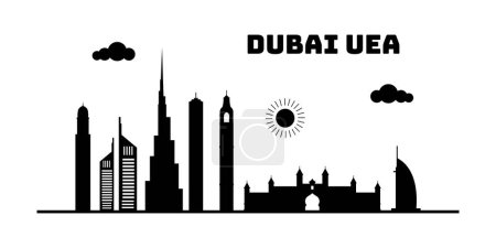 Téléchargez les illustrations : Dubaï Uni Emirate Arab cityscape skyline sketch illustration vector. Célèbre ville populaire dans le monde dans le style blanc noir. - en licence libre de droit