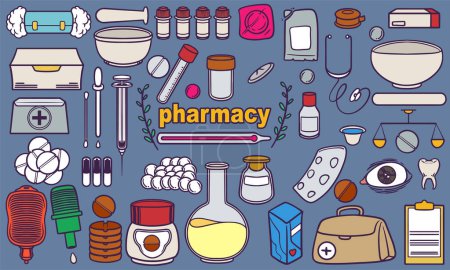 Téléchargez les photos : Médecine pharmacie médicale doodle set vecteur. Illustration du matériel médical. - en image libre de droit