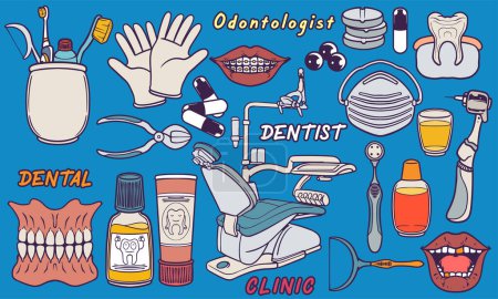 Téléchargez les photos : Dessiné à la main équipement clinique dentiste médical doodle ensemble vecteur. Illustration du matériel médical. - en image libre de droit