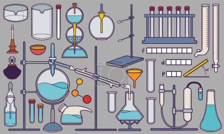Téléchargez les illustrations : Outils de chimie et de laboratoire dessinés à la main pour vecteur de jeu de doodle médical. - en licence libre de droit