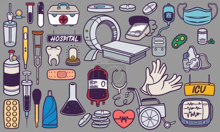 Téléchargez les photos : Outillage hospitalier médical dessiné à la main doodle set vector. Illustration du matériel médical. - en image libre de droit