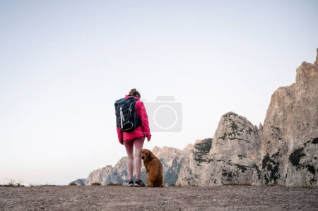 Foto de Caminante femenina en chaqueta rosa de pie en la cima de una montaña con su perro labrador retriever de pura raza dorada. Con hermosa vista de las altas montañas rocosas. - Imagen libre de derechos