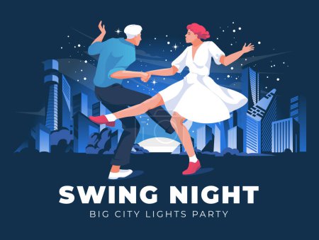 Illustration for Swing dancing couple against the background of the night landsca - Royalty Free Image