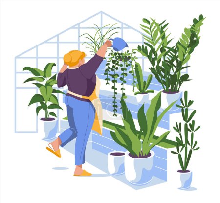 Illustration for The girl takes care of the flowers in the greenhouse. Home gardening and concept of planting indoors. Flat vector illustration - Royalty Free Image
