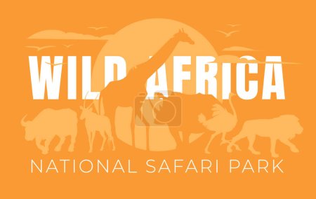 Illustration for Wild african national park. Zoo, savannah. Animals silhouettes on the sunset background: lion, giraffe, ostrich, rhino, buffalo, gazelle. Graphic poster - Royalty Free Image