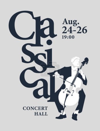 Illustration for Classical music typography text poster with cellist musician. Advertising of musical entertainment. Vector flat illustration. - Royalty Free Image