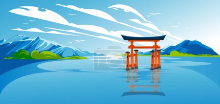 Illustration for Red Japanese torii on blue water among mountains. Vector landscape - Royalty Free Image