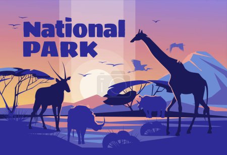 Illustration for African savanna sunrise landscape with wild animal silhouettes. National Wildlife Park. Tourism and adventure. Vector illustration - Royalty Free Image