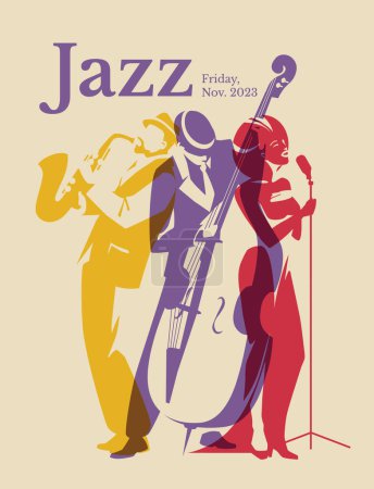 Figures colorées silhouettes. Un groupe de trois musiciens de jazz. Chanteur, saxophone, contrebasse. Concert, club de musique, affiche de divertissement. Illustration vectorielle plate