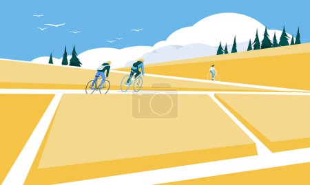 Illustration for Cyclists among a blooming yellow field. Minimalist landscape. Season vector flat illustration. Environment and ecological transport - Royalty Free Image