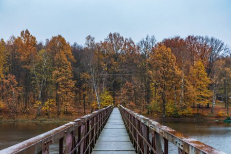 Schöne Aussicht auf lange Stahl- und Holzbrücke über großen und stillen See mit herbstlich goldenen Bäumen und Büschen am trüben und regnerischen Morgen
