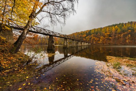 Hermosa vista al largo puente de acero y madera sobre un lago grande y silencioso con árboles dorados de otoño y arbustos alrededor en la mañana nublada y lluviosa