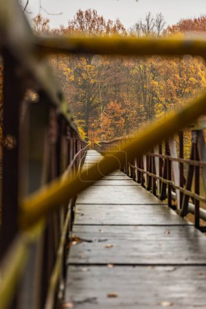 Hermosa vista al largo puente de acero y madera sobre un lago grande y silencioso con árboles dorados de otoño y arbustos alrededor en la mañana nublada y lluviosa