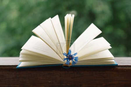 Téléchargez les photos : Un livre ouvert sur une table en bois rustique avec la nature en arrière-plan - en image libre de droit
