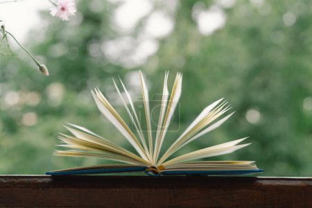 An open book on a rustic wooden table with nature in the background