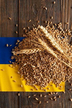 Wheat grains with yellow and blue Ukrainian flag on wooden background. Export, sale, import of Ukrainian grain. Ukrainian grain.