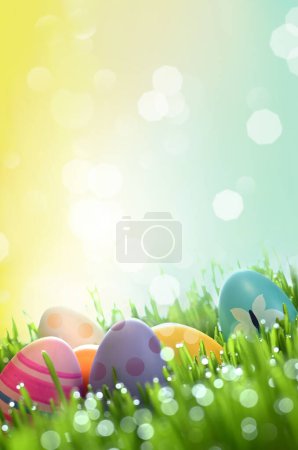 Téléchargez les photos : Rangée d'œufs de Pâques dans l'herbe verte fraîche
. - en image libre de droit