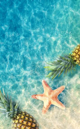 Photo for Yellow pineapple and starfish on a blue water background. Exotic concept. - Royalty Free Image