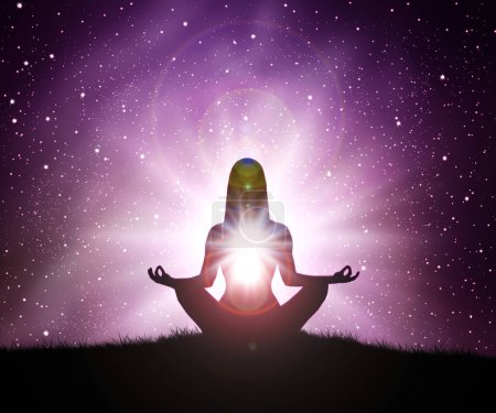 Photo for Silhouette of young woman practices yoga and meditates on top of the mountain with night sky, star, She likes to practice yoga in the morning, it makes her feel calm. - Royalty Free Image