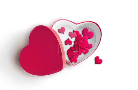 Foto de Caja de regalo en forma de corazón abierto con corazones rojos sobre fondo blanco. Diseño para el Día de San Valentín. Concepto de vacaciones. - Imagen libre de derechos