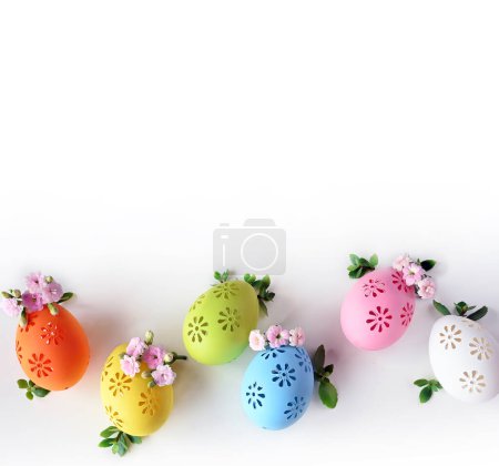 Photo for Collection of stylish colors eggs with flowers for Easter celebration on white background. Holiday concept. - Royalty Free Image