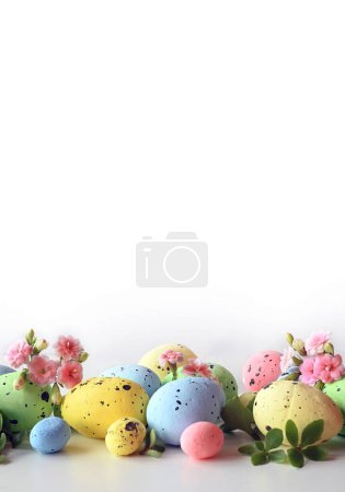 Photo for Collection of stylish colors eggs with flowers for Easter celebration on white background. Holiday concept. - Royalty Free Image