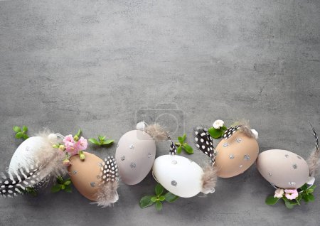 Photo for Collection of stylish colors eggs with flowers for Easter celebration on grey background. Holiday concept. - Royalty Free Image