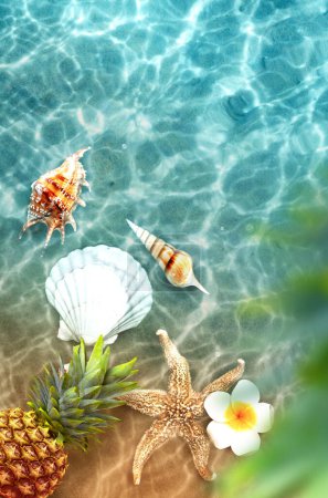 Foto de Yellow pineapple, seashells and white flowers on a blue water background. Exotic concept. - Imagen libre de derechos