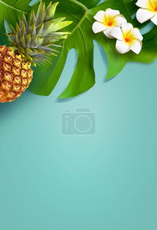Photo for Summer background design concept. Top view of holiday travel beach with pineapple, flower plumeria and monstera leaves on blue background. - Royalty Free Image