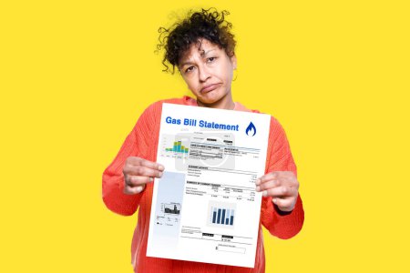 Worried black woman holding expensive energy bill isolated