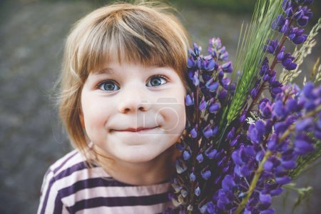 Téléchargez les photos : Mignon adorable petite fille tout-petit avec un énorme bouquet de fleurs de lupnies violettes en fleurs. Portrait d'un enfant souriant d'âge préscolaire dans un jardin domestique le jour chaud du printemps ou de l'été. L'été - en image libre de droit