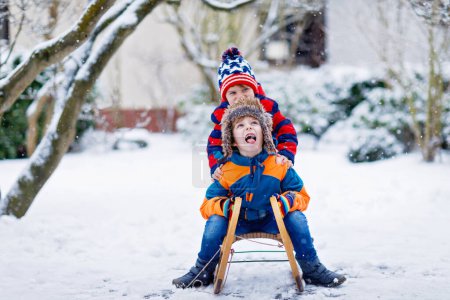 Téléchargez les photos : Deux gamins s'amusent en traîneau pendant les chutes de neige. Enfants traînant sur la neige. frères et sœurs sur un traîneau. Les jumeaux jouent dehors. Amis traîneau dans un parc d'hiver enneigé. Amusement actif pour des vacances en famille. - en image libre de droit