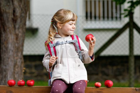 Téléchargez les photos : Petite fille mignonne manger pomme mûre rouge. Joyeux enfant souriant d'âge préscolaire avec cartable contenant des fruits biologiques frais. Pommes de récolte - en image libre de droit