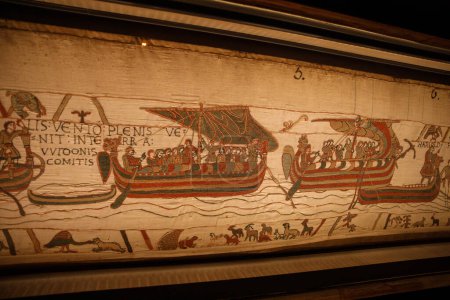 Photo for BAYEUX, FRANCE - AUGUST 25, 2022 Detail of the Bayeux Tapestry depicting the Norman invasion of England in the 11th Century. - Royalty Free Image