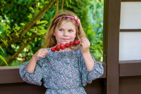 Photo for Little girl eating delicious strawberries on skewers, savoring the simple pleasures of family and healthy food. Happy preschool child eat fresh berries. - Royalty Free Image