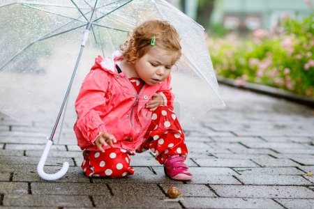 Foto de Linda niña adorable descubrir caracol en un paseo. Hermoso niño rizado que se divierte en el día lluvioso. Con paraguas grande, niño en ropa impermeable
. - Imagen libre de derechos