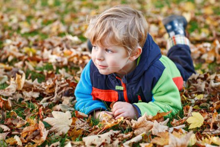 Photo for Cute little boy playing with maple leaves outdoors. Happy child walking in autumn park. Toddler baby boy wears trendy jacket . smiling Blonde boy portrait. Autumn fashion. Stylish child outside - Royalty Free Image