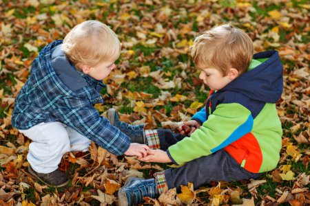 Téléchargez les photos : Deux petits garçons jouant avec des feuilles d'érable à l'extérieur. Heureux enfants frères et sœurs dans le parc d'automne. Les jumeaux tout-petits portent une veste tendance. souriant Blond garçons portrait. Mode d'automne. Enfant élégant dehors - en image libre de droit