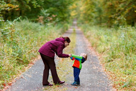 Photo for Little boy with his young mother in the autumn orest. Active family time on nature. Fun with little kids in fall days. Mum and toddler son walking in forest - Royalty Free Image