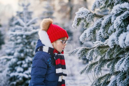 Photo for Small girl playing with snow. Happy preschool child in winter forest on snowy cold december day - Royalty Free Image