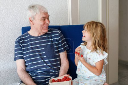 Foto de Abuelo y nieta comiendo frambuesas en casa. Feliz niña preescolar y hombre mayor divirtiéndose juntos. Niño y abuelo, Tiempo en familia - Imagen libre de derechos