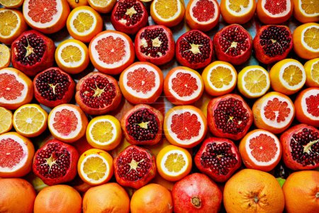 Foto de Granada fresca y naranjas en el Gran Bazar, Estambul. Vista plana de naranja, granada, limón, pomelo imagen filtrada. - Imagen libre de derechos