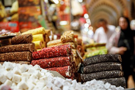 Photo for Wide range of sweets at the Grand Bazaar in Istanbul, Turkey. The historical market is a popular tourist destination and one of oldest markets in the world - Royalty Free Image