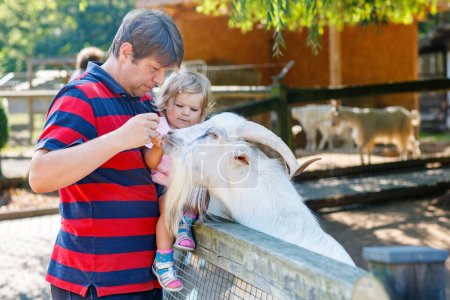 Foto de Adorable niña linda y padre joven alimentando cabras y ovejas en una granja de niños. Hermoso bebé acariciando animales en zoológico de mascotas. hombre e hija juntos en vacaciones de fin de semana familiares - Imagen libre de derechos