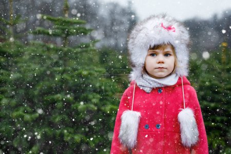 Photo for Adorable little toddler girl with Christmas tree on fir tree cutting plantation . Happy child in winter fashion clothes choosing, cut and felling own xmas tree in forest, family tradition in Germany. - Royalty Free Image