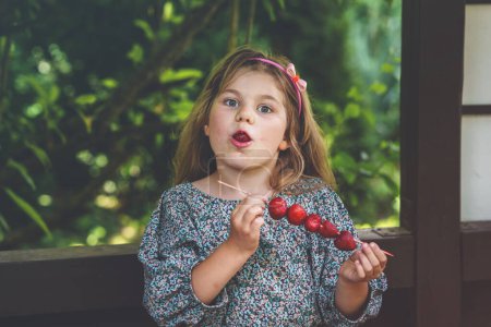 Foto de Niña comiendo deliciosas fresas en pinchos, saboreando los placeres simples de la familia y la comida saludable. Niño preescolar feliz comer bayas frescas. - Imagen libre de derechos