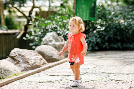 Photo for Little girl waking in zoo. Cute toddler child watching animals and birds, family weekend activity in summer - Royalty Free Image
