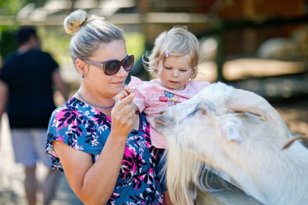Foto de Adorable linda niña y madre joven alimentando cabras y ovejas en una granja de niños. Hermoso bebé acariciando animales en zoológico de mascotas. Mujer e hija juntas en vacaciones familiares de fin de semana - Imagen libre de derechos