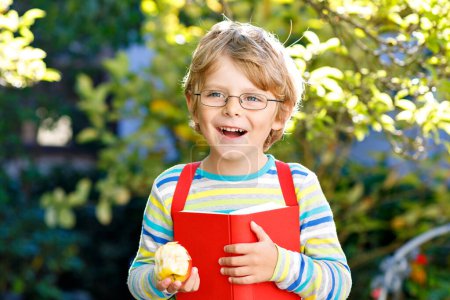 Téléchargez les photos : Joyeux petit garçon d'âge préscolaire avec des lunettes, des livres, des pommes et un sac à dos dès son premier jour à l'école ou à la crèche. Drôle d'enfant en bonne santé à l'extérieur par une chaude journée ensoleillée, concept de retour à l'école. Rire de garçon - en image libre de droit
