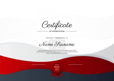 Modern red black certificate of achievement template with gold badge and border. Certificate template with luxury badge and modern line pattern. For award, business, and education needs